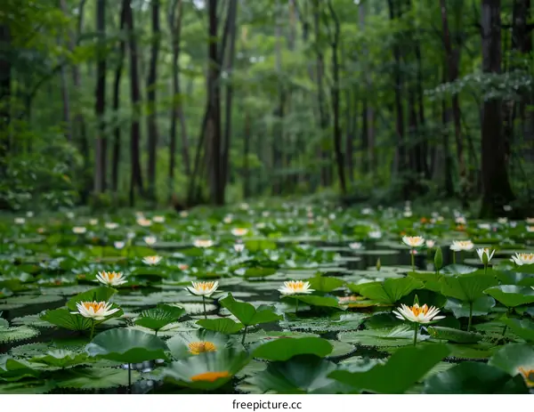 Stunning water lilies in a lush green forest