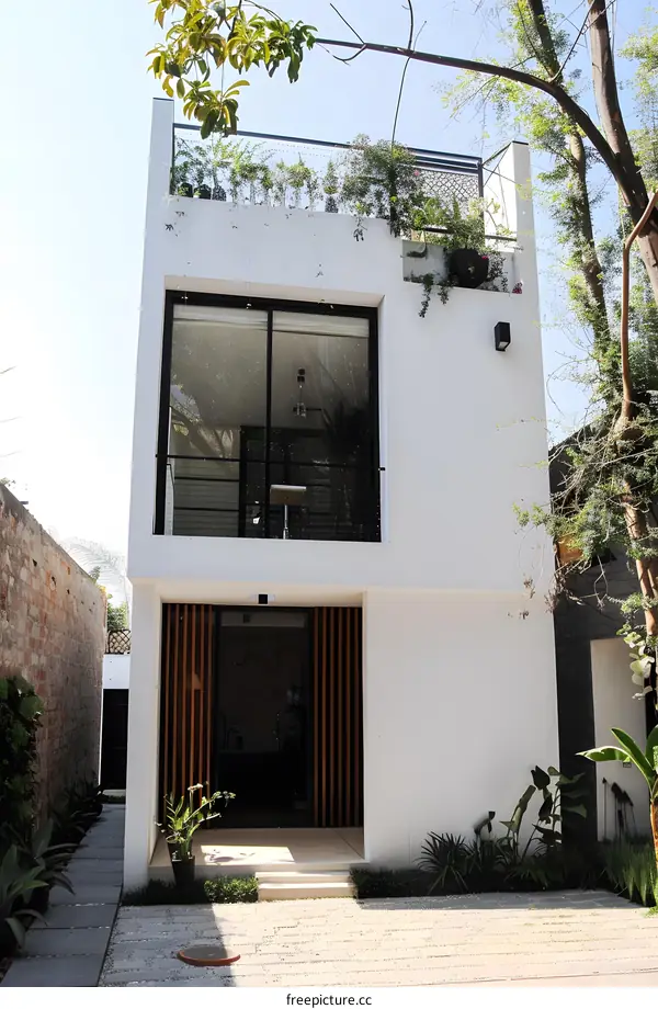 Modern White House with Black Windows and Wooden Door