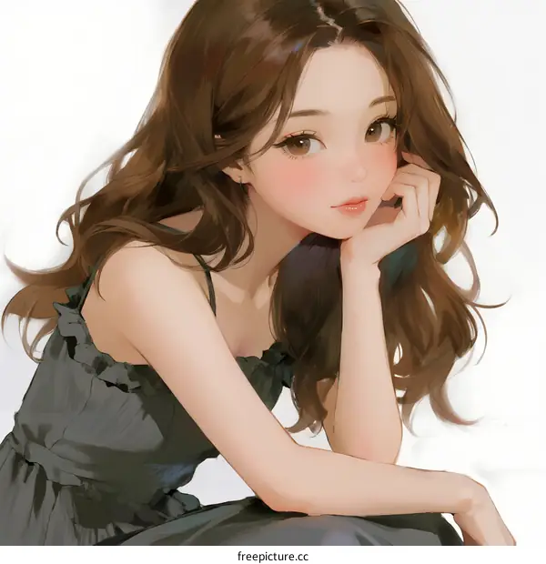 A Young Woman with Long Wavy Brown Hair in a Gray Dress