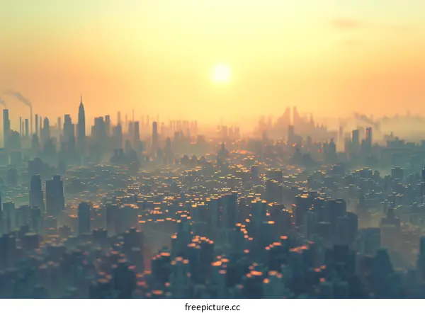 A Breathtaking Cityscape of Towering Buildings Bathed in the Warm Glow of the Setting Sun