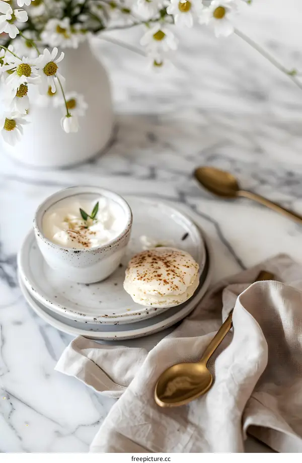 Closeup of White Macaron with Brown Sugar on Plate