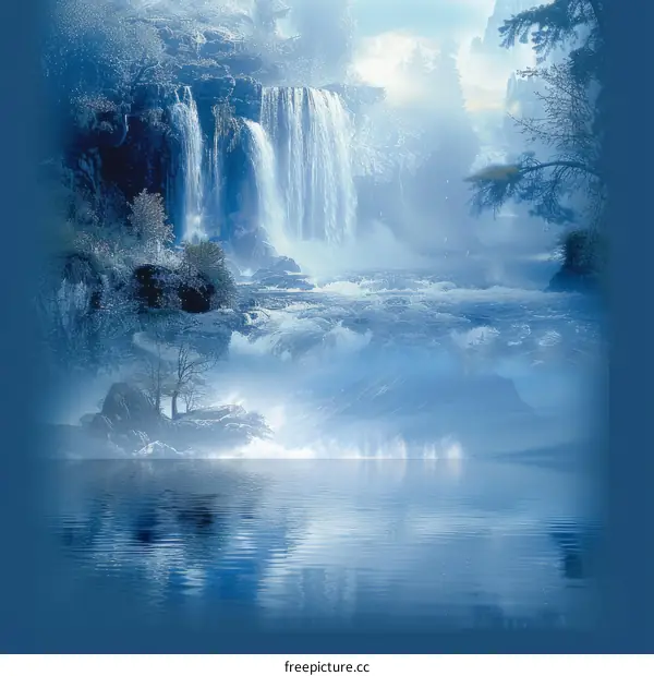 Fantasy landscape with blue waterfalls and lake
