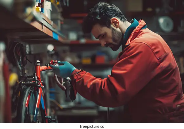 Man Fixing a Red Bicycle in a Workshop