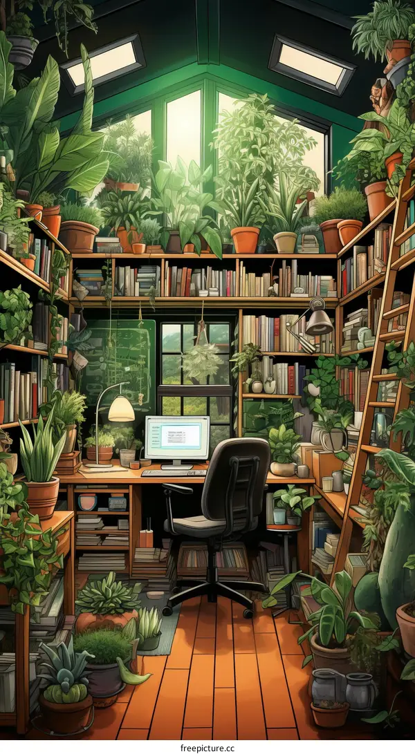 A cozy home office with a large window and lots of plants