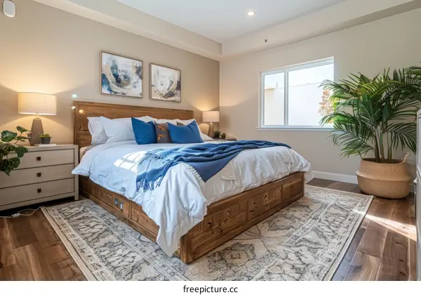 Wood Platform Bed Frame With Drawers And Headboard In A Modern Bedroom