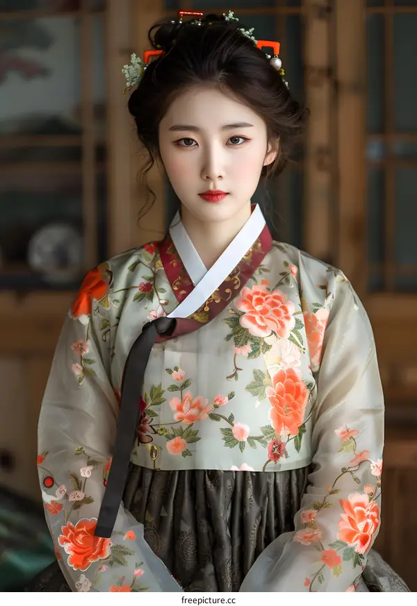 Portrait of a young woman in a traditional Korean hanbok dress
