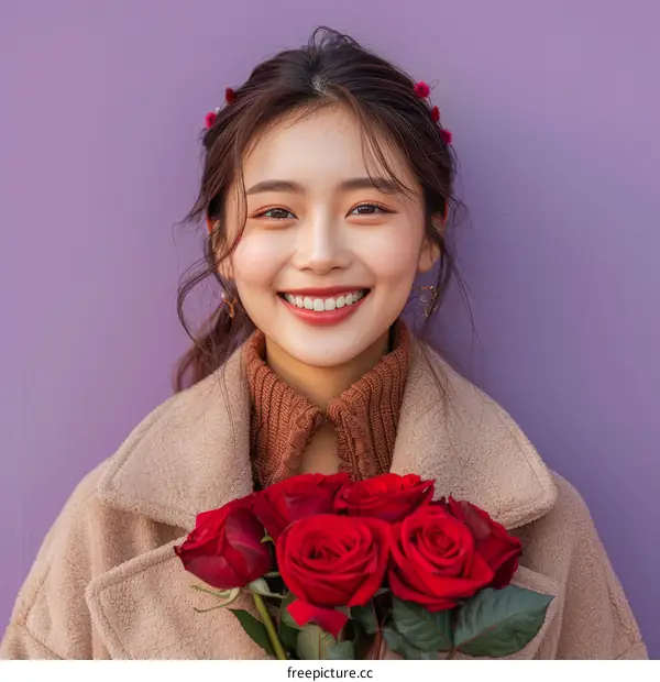 Portrait of a young Asian woman smiling and holding a bouquet of red roses