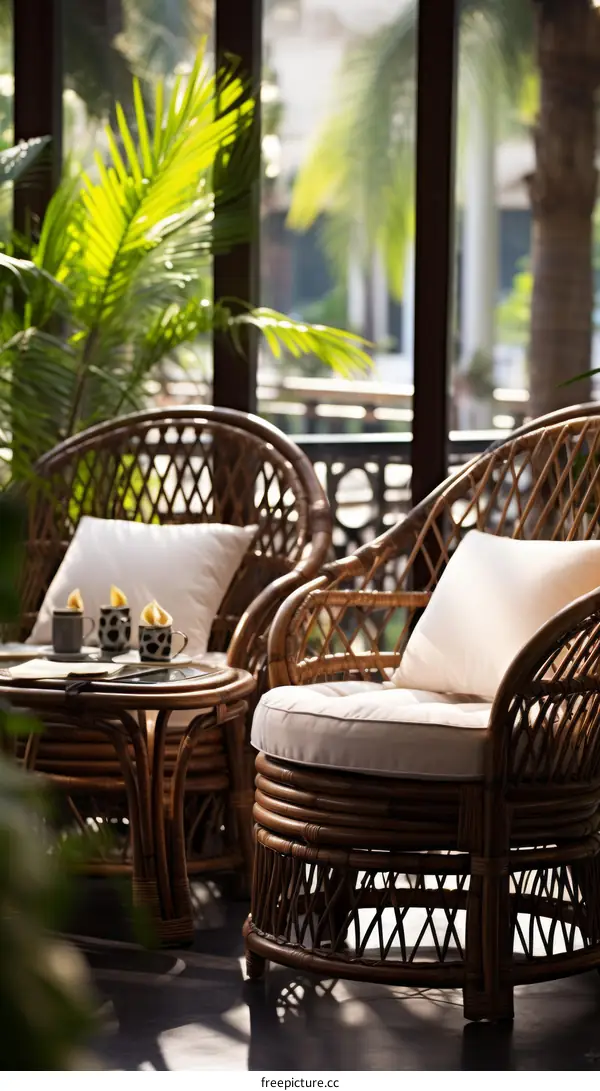 Rattan chairs and table on a sunny day