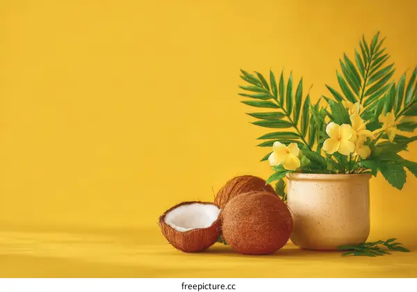 Tropical Coconut Still Life Against a Bright Yellow Background