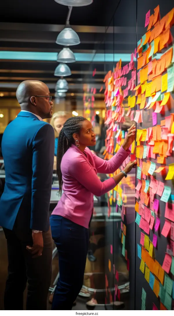 Two people brainstorming with sticky notes on a glass wall