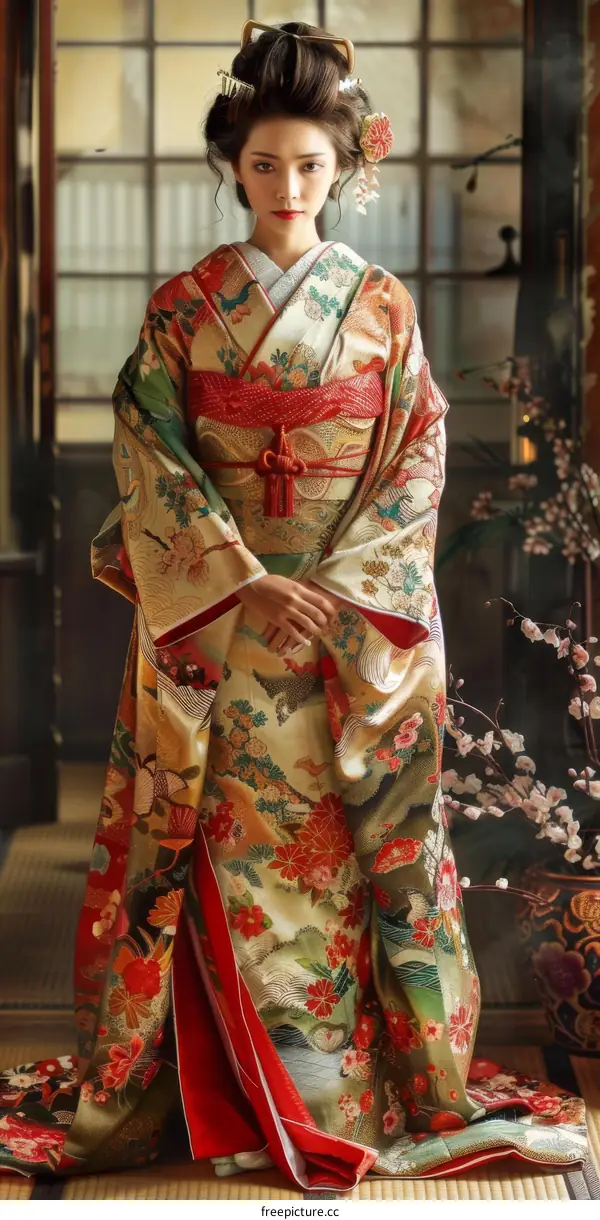 A woman wearing a kimono with traditional Japanese hair and makeup