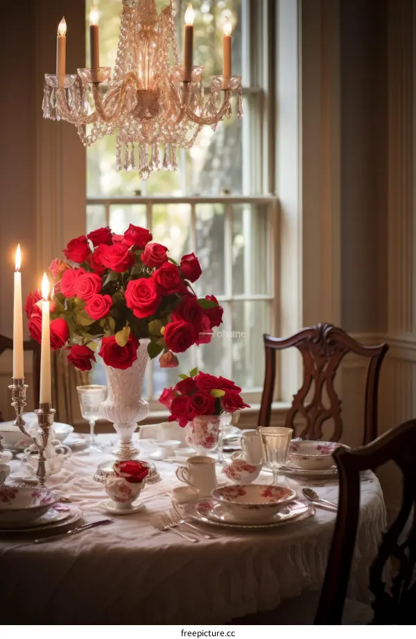 Elegant dining table centerpiece with red roses