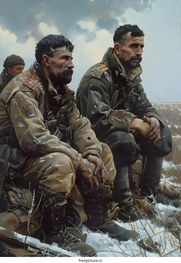 Two soldiers are resting in the snow