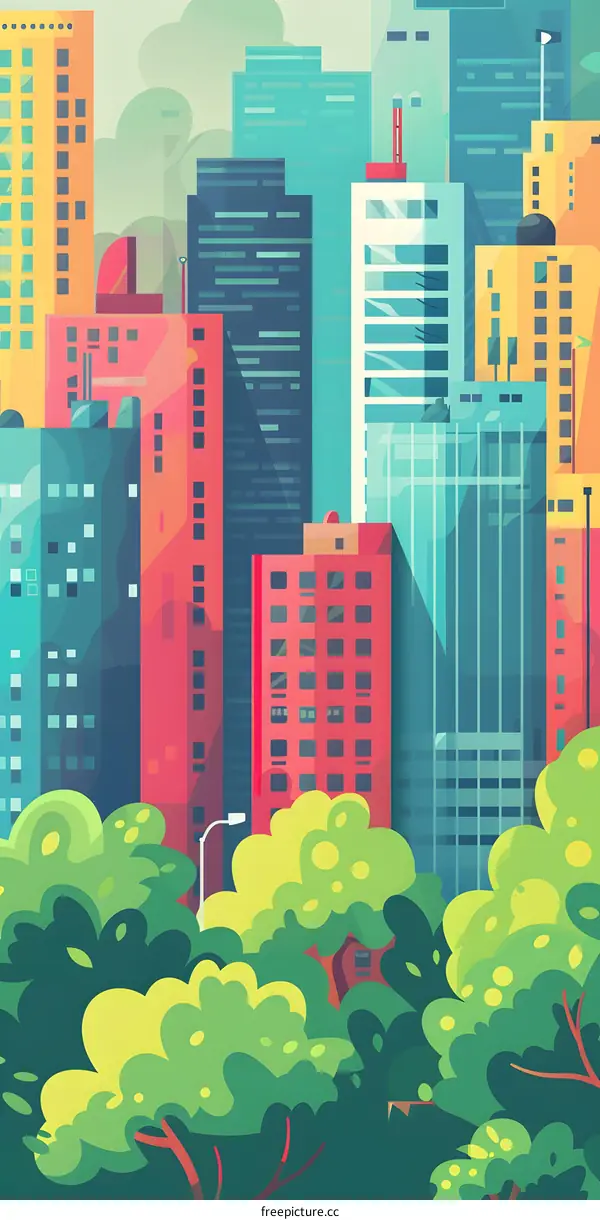 Cityscape Illustration with Buildings and Trees