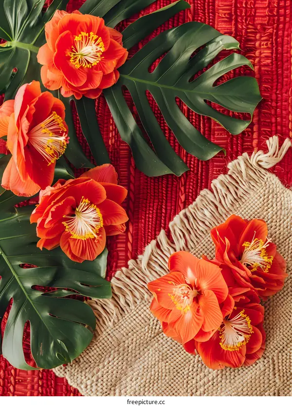 Orange Flowers and Green Leaves on Red and Brown Background