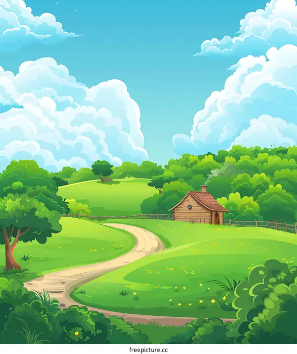 Countryside Landscape with Wooden Cottage and Winding Path
