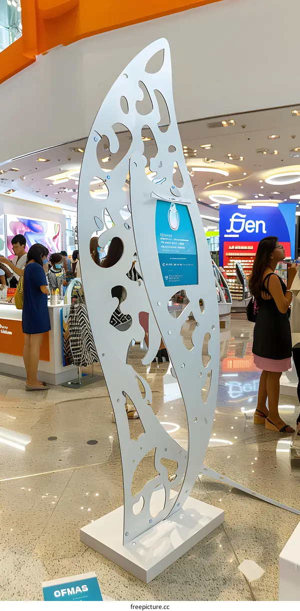Modern Art Installation in Shopping Mall with People in the Background