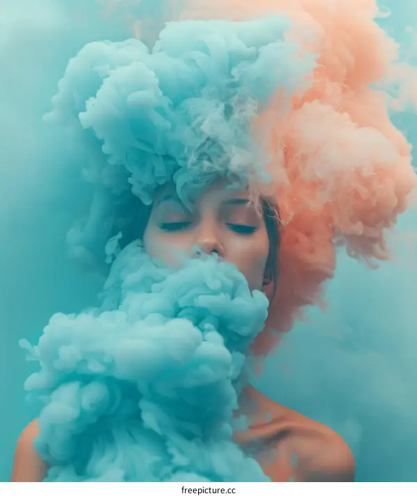Colorful smoke surrounds a woman's face