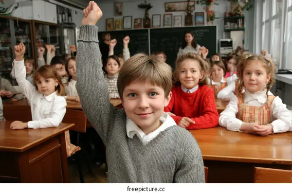 Elementary School Children Asking Questions in Classroom