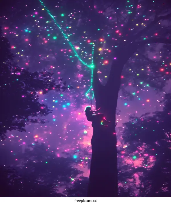 A Person Climbing a Tree Covered in Twinkling Lights