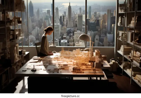 A female architect working on a city model in her office