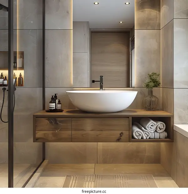 Bathroom interior with ceramic sink and wooden vanity