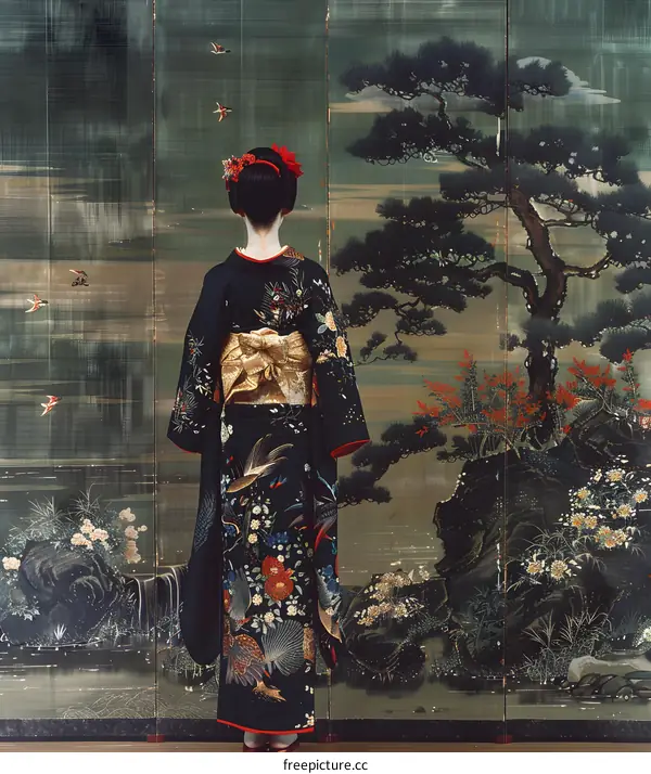 A woman wearing a kimono standing in front of a traditional Japanese painting