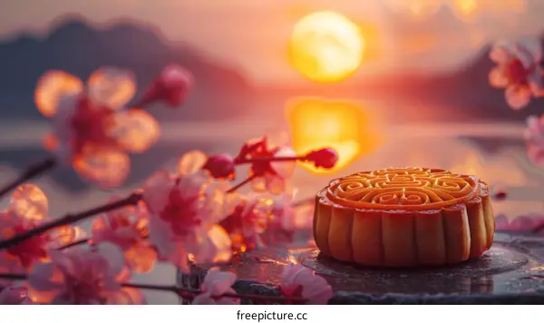 A delicious mooncake sits on a table near a lake on a beautiful day