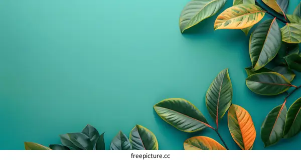 Green Leaves on Turquoise Background