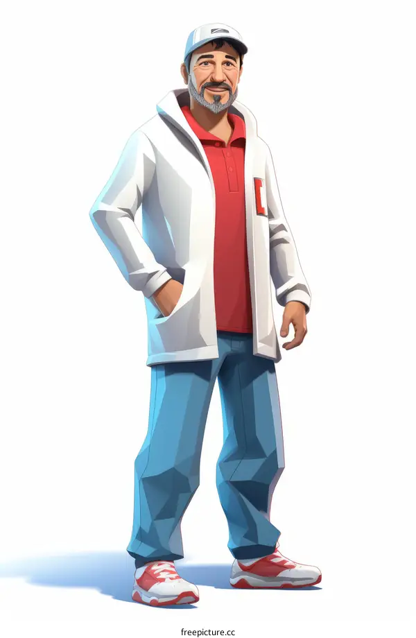 Casual Man in White Jacket and Red Shirt