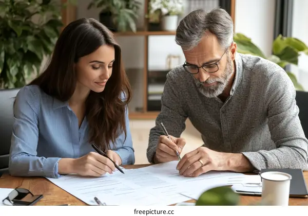 Two Adults Working Together on Documents
