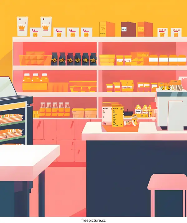 Minimalist Illustration of a Grocery Store Countertop with Shelves