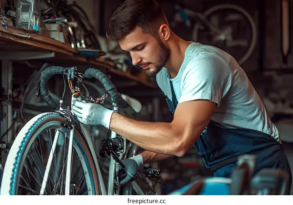 Man Wearing Gloves Repairs a Bicycle