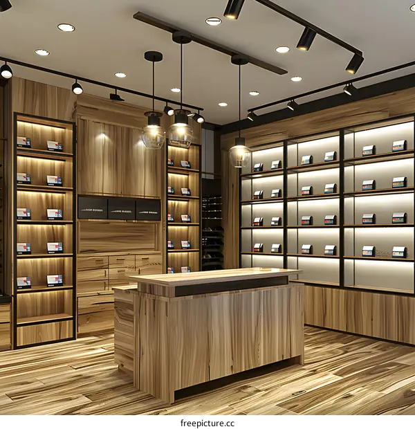 Modern Minimalist Store Interior Design with Wooden Shelves and Countertop