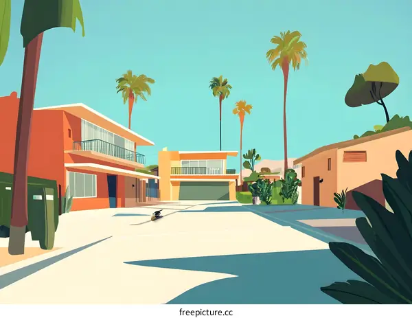 Palm Trees Line Sunny Street with Houses