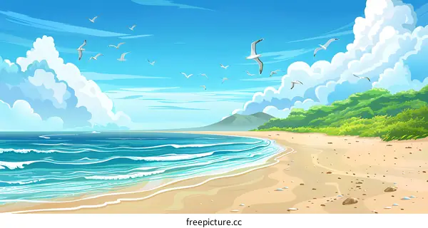 Summer Beach Scene with Blue Sky Clouds and Seagulls