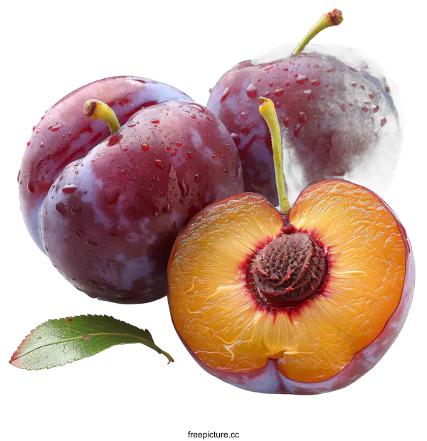 [Transparent Background PNG]Fresh plums with leaf on black background