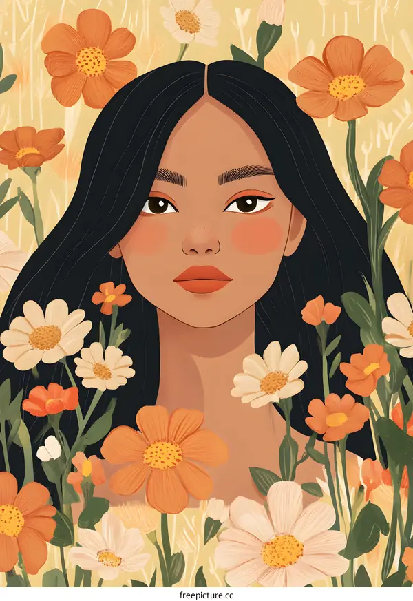 Woman with Flowers in Her Hair Illustration
