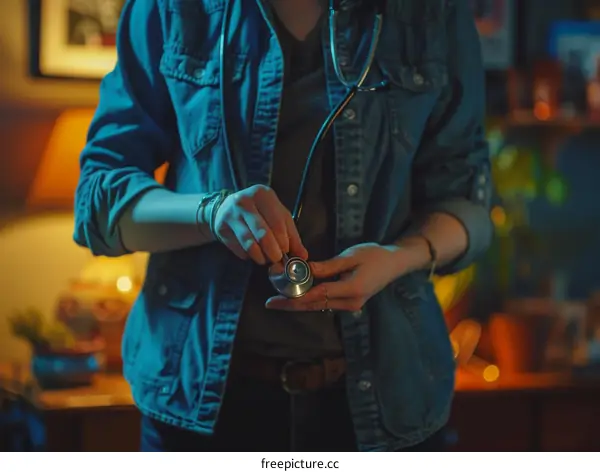 Female Doctor Using Stethoscope in Home Office at Night