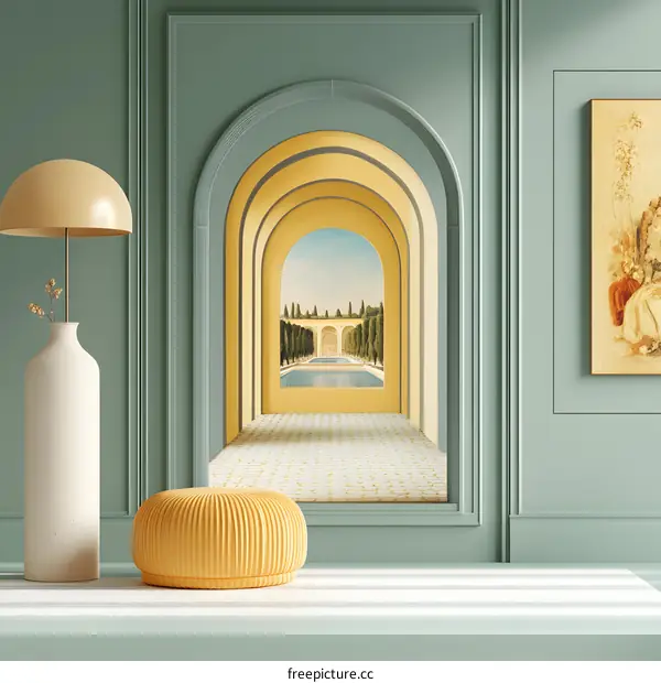 Green Wall With Yellow Arches Leading To A Courtyard