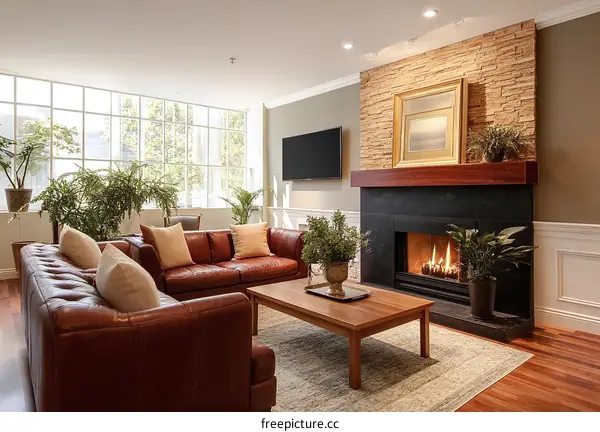 Modern Cozy Living Room with Fireplace and Large Windows