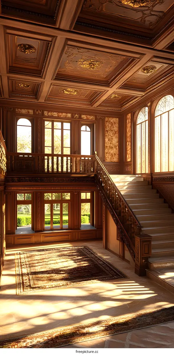 Ornate Wooden Staircase in a Grand Mansion