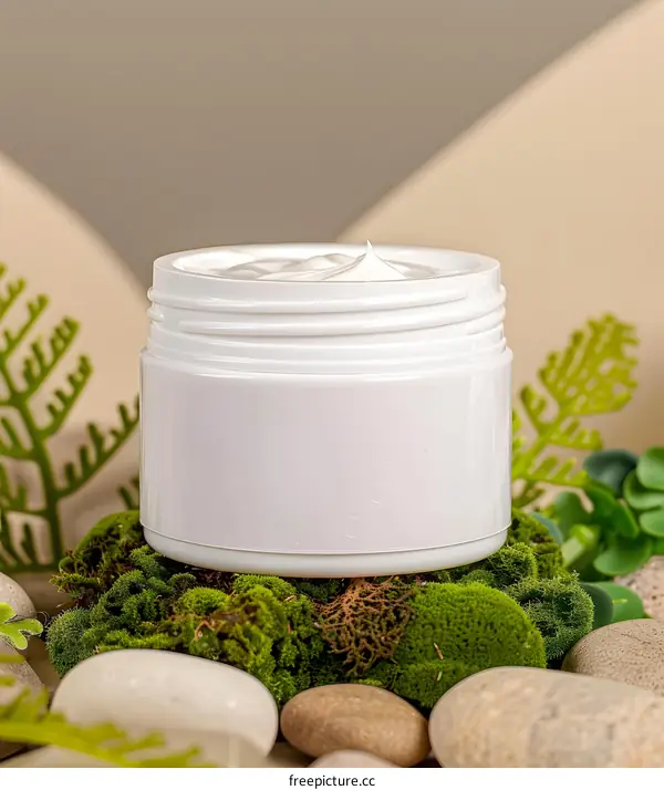 White Cream Jar on Green Moss and Stones