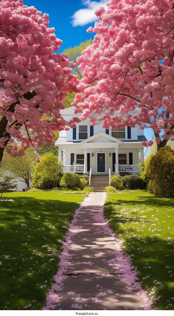 Beautiful cherry blossom trees surround a charming suburban house