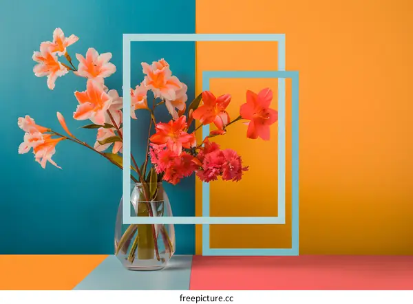 Colorful Flower Bouquet in a Glass Vase with Geometric Frames on a Colored Background