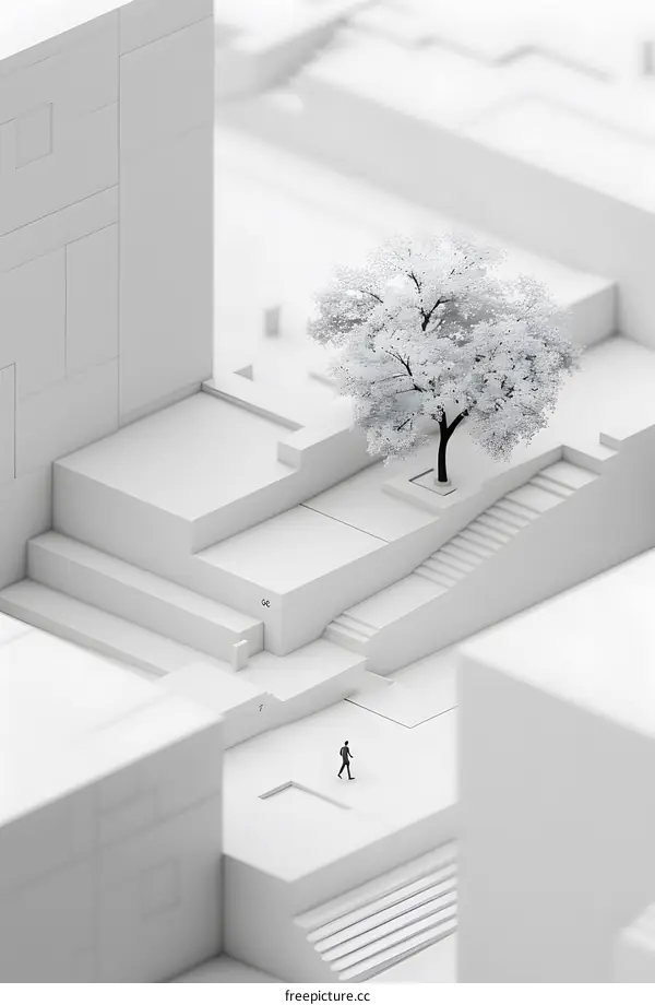 Minimalist 3D Illustration of a Man Walking Towards a Tree in a White City