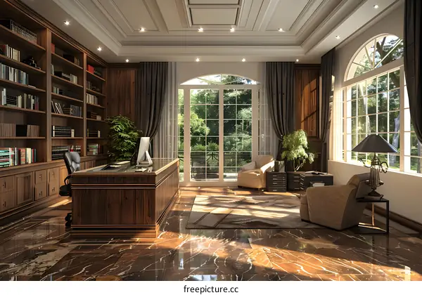 Luxurious Home Office with Wooden Desk and Bookcase