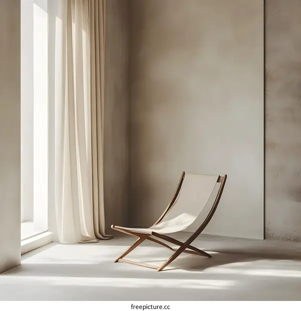Minimalist Interior Design with White Curtains and a Wooden Folding Chair