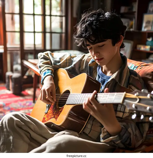 Young Boy Plays Acoustic Guitar Inside Home