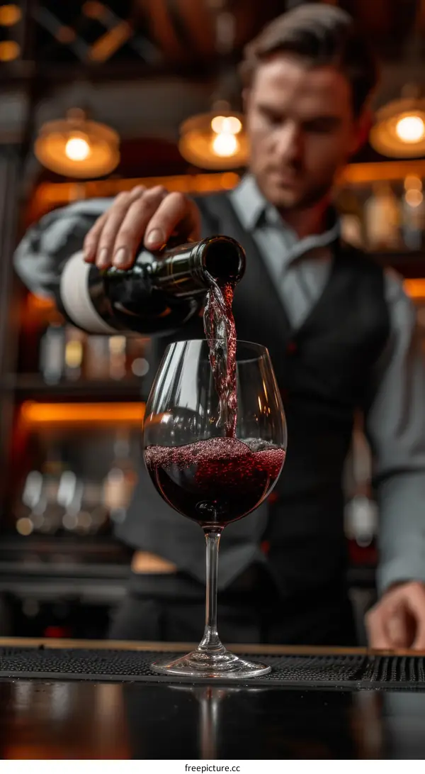 Bartender pouring red wine into glass at bar